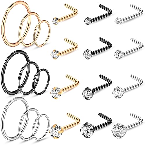 ONESING 9-40 Pcs Nose Rings - Hoops, Studs & L Shape - Hypoallergenic Stainless Steel Nose Piercings for Women & Men - color: mixcolor