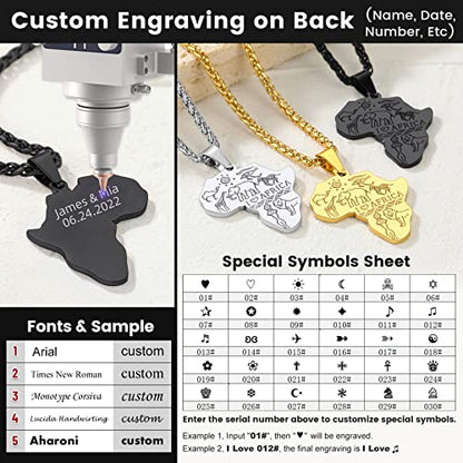 GOLDCHIC JEWELRY Africa Map Necklace for Men, Stainless Steel African Tribal/Egyptian Eye of Horus/I LOVE AFRICA/Elephant Map Hiphop Jewelry Unisex with 22'+2'Adjustable Chain - color: Animals - Black, style: Personalised Engraving