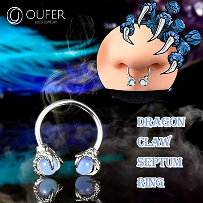 OUFER 316L Surgical Steel Circular Earrings Two White Opals Surrounded by Dragon Claws Cartilage Earing Ear Body Piercing Jewelry Helix Earrings Piercing… - color: Steel Opalite