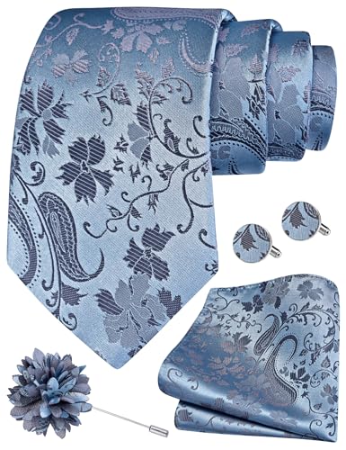 GUSLESON Paisley Tie Set for Men 3.15" Necktie Lapel Pin Hankerchief Cufflinks Set for Men - color: Dusty Blue