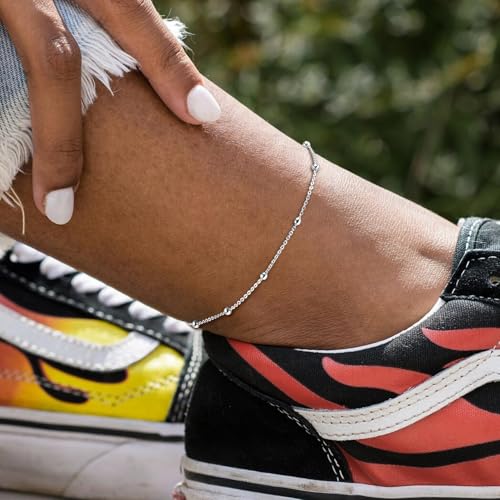 ChicSilver 925 Sterling Silver Ankle Bracelet for Women, Simple Cuban Link/Figaro/Twist Rope Chain Anklets for Beach Party(with Gift Box) - style: 04: Bead Chain-Silver