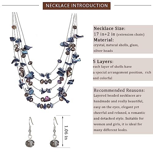 Multi-Layer Boho Shell Beaded Necklace for Women Colorful Crystal Strand with Silver Beads Statement Collars Necklace and Earrings Costumes Jewelry Sets for Women - color: 45-Black