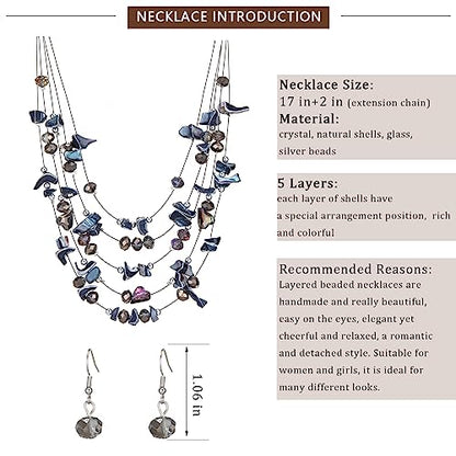 Multi-Layer Boho Shell Beaded Necklace for Women Colorful Crystal Strand with Silver Beads Statement Collars Necklace and Earrings Costumes Jewelry Sets for Women - color: 45-Black