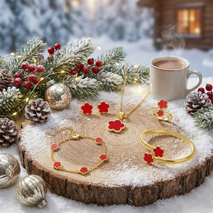 Clover Jewelry Set for Women Non Tarnish Gold-Tone Five Leaf Clover Necklace, Earrings, Ring, Bracelet Fashion Simple Floral Jewelry Set - color: Red