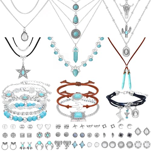 NEWITIN 69 Pieces Gold Jewelry Set for Women Fashion Costume Jewelry Gold Plated Necklace Bracelet Earrings Set for Women - color: Turquoise Jewelry Set