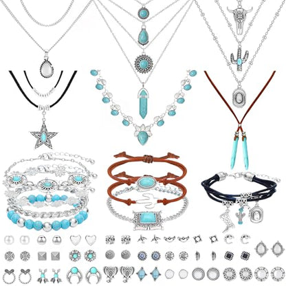 NEWITIN 69 Pieces Gold Jewelry Set for Women Fashion Costume Jewelry Gold Plated Necklace Bracelet Earrings Set for Women - color: Turquoise Jewelry Set