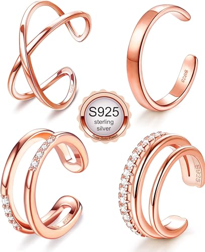 JeryWe 4 Pcs 925 Sterling Silver Ear Cuff for Women Non Piercing Adjustable Ear Cuff Earrings Clip On Cartilage Helix Wrap Ear Jewelry Set - color: Rose gold