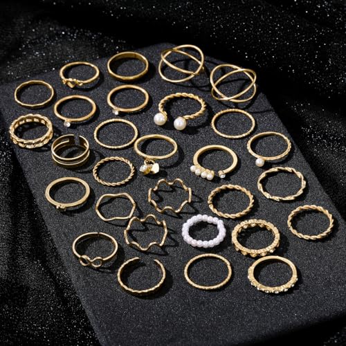 Golden Knuckle Rings Set for Women, 14k Golden Plated Open Stacking Knuckle Midi Rings Dainty Cubic Zirconia Crystal Simple Hollow Cute Rings Pack Jewelry Gifte - color: Golden 29PCS