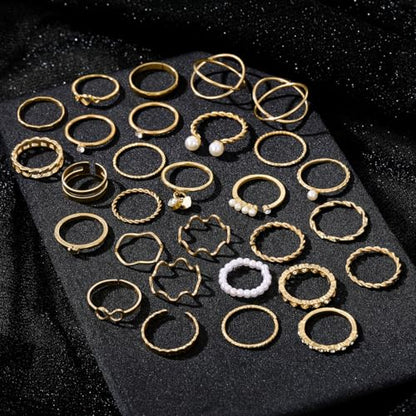 Golden Knuckle Rings Set for Women, 14k Golden Plated Open Stacking Knuckle Midi Rings Dainty Cubic Zirconia Crystal Simple Hollow Cute Rings Pack Jewelry Gifte - color: Golden 29PCS