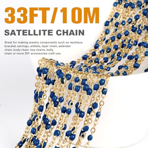 33FT 2mm Gold Cable Chains Navy Blue Enamel Chains Bulk for Jewelry Making | 18K Gold PVD Plated Stainless Steel Enamel Beaded Chains Roll for Necklace Bracelet - color: Gold Navy Blue Beads