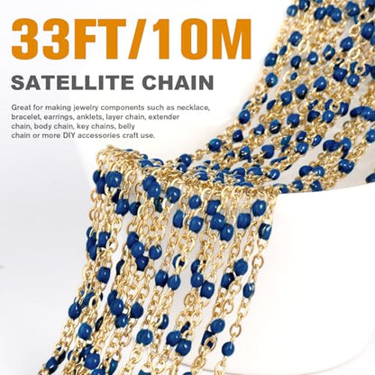 33FT 2mm Gold Cable Chains Navy Blue Enamel Chains Bulk for Jewelry Making | 18K Gold PVD Plated Stainless Steel Enamel Beaded Chains Roll for Necklace Bracelet - color: Gold Navy Blue Beads