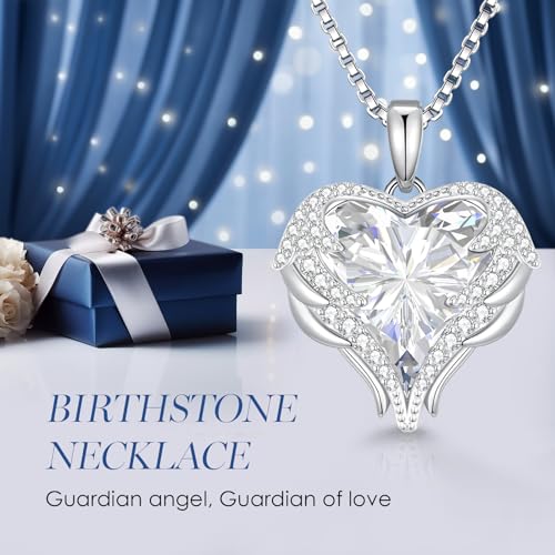 CDE Angel Wings Heart Birthstone Pendant Necklace Gift for Women | Silver/Gold Tone,Ideal Birthday & Anniversary Jewelry Gift for Wife,Girlfriend,Her - color: White-04-White Birthstone