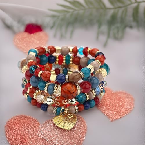 Women Beaded Bracelet Set | Colorful Boho Stackable Trendy Design with Crystal Accents Multilayer Bangle Bracelet | Fashion Stretch Braclets Jewelry for Women - color: Red