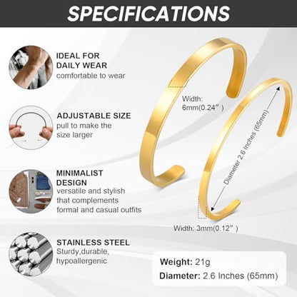 Stainless Steel Mens Cuff Bracelet : Minimal Cool Silver/Black/Gold Plated Open Metal Cuff Bangle Bracelets for Men,Mens Bracelet Jewelry Gift - color: Gold Plated-2-Pack, size: Medium( fit 5.5"-7.2" wrist)
