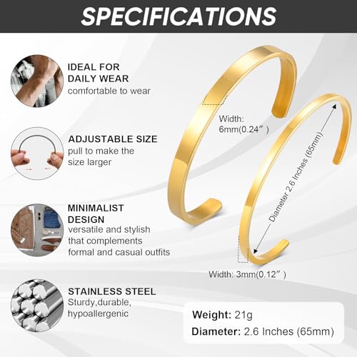 Stainless Steel Mens Cuff Bracelet : Minimal Cool Silver/Black/Gold Plated Open Metal Cuff Bangle Bracelets for Men,Mens Bracelet Jewelry Gift - color: Gold Plated-2-Pack, size: Medium( fit 5.5"-7.2" wrist)
