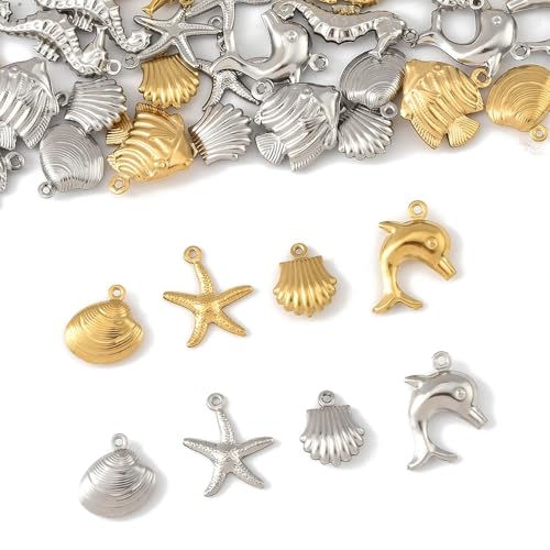 8-64Pcs Silver Goldern Color Heart Pendants Charms 10 Styles Heart Stainless Steel Metal Charms for Jewelry Making Crafting Necklaces Bracelets Earrings Keychains Birthday Gift - color: Marine Organism-36 pcs