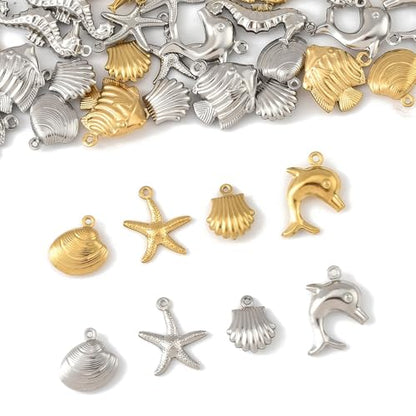 8-64Pcs Silver Goldern Color Heart Pendants Charms 10 Styles Heart Stainless Steel Metal Charms for Jewelry Making Crafting Necklaces Bracelets Earrings Keychains Birthday Gift - color: Marine Organism-36 pcs