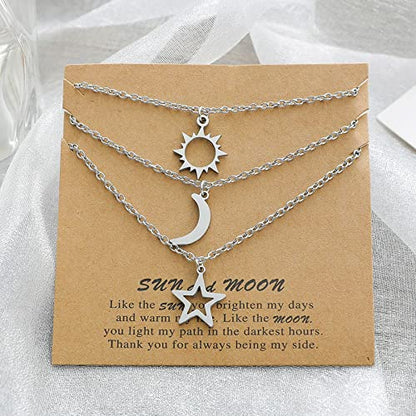 COLORFUL BLING Stainless Steel Sun and Moon Star Necklace 3 Best Friend Friendship Sister Set for Women Mom Daughter BFF Jewelry Gifts - color: yellow small