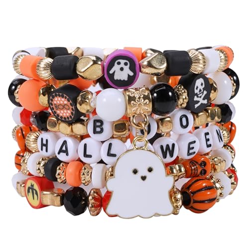 Ardorchid Halloween Bracelets for Women Pumpkin Ghost Steleton Bat Skull Beaded Stackable Stretchy Bracelet Rugby Thanksgiving Christmas Heishi Bracelets - color: Halloween Bracelet -4