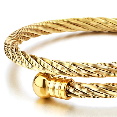 COOLSTEELANDBEYOND Elastic Adjustable Steel Twisted Cable Cuff Bangle Bracelet for Mens for Women - color: C-Metal Color: Gold