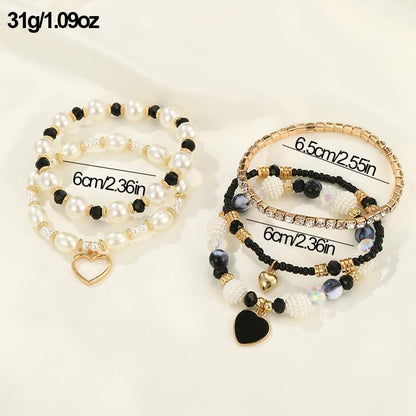 Pingyongchang Bohemian Stackable Beaded Bracelets Set for Women Multicolor Stretch Faux Pearl Heart Crystal Stretchy Bangles Multilayered Handmade Friendship Holiday Beach Jewelry Mother's Day Gifts - color: Black