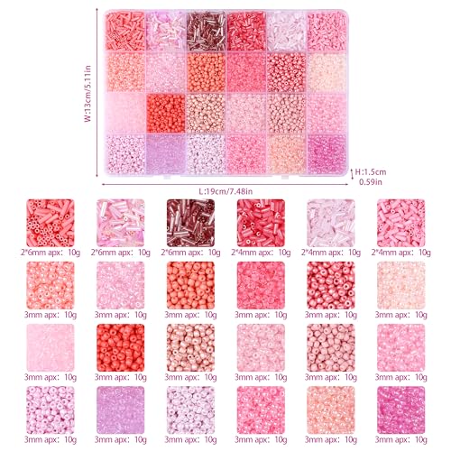 LAIDANLA 7500pcs Mix Pink Glass Seed Beads Kit for Jewelry Making with 3mm Tiny Bead and 4mm/6mm Bugle Tube Bead 24 Colors Waist Embroidery Beads for Bracelets Necklaces DIY Craft Beading Kit - color: Pink