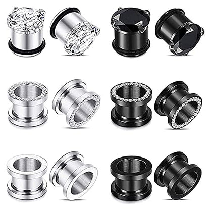 YOFANST 6pcs-12pcs Stainless Steel Clear Black Zircon Ear Tunnels Clear CZ Ear Stretcher Expander Piercing Diamond Gauge Plugs Set 8g-5/8 inch - color: 12pcs, 4g(5mm)