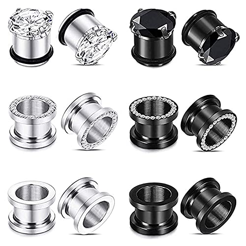 YOFANST 6pcs-12pcs Stainless Steel Clear Black Zircon Ear Tunnels Clear CZ Ear Stretcher Expander Piercing Diamond Gauge Plugs Set 8g-5/8 inch - color: 12pcs, 00g(10mm)