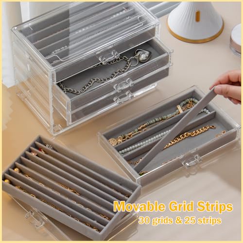SPAKOWN Necklace Organizer Box with 5 Drawers 30 Compartments | Dustproof Velvet Necklace Tray Acrylic Necklaces Display Case Pendant Chains Storage Tray Gift for Women and Girls (Grey) - color: Grey