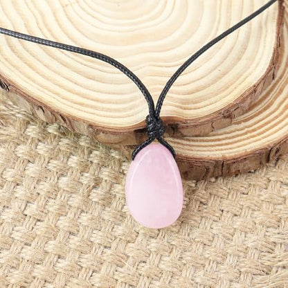 Natural Gemstone Pendant Necklace Healing Crystal Stone Choker Necklace Adjustable Waxed Black Rope for Men - color: Rose Quartz