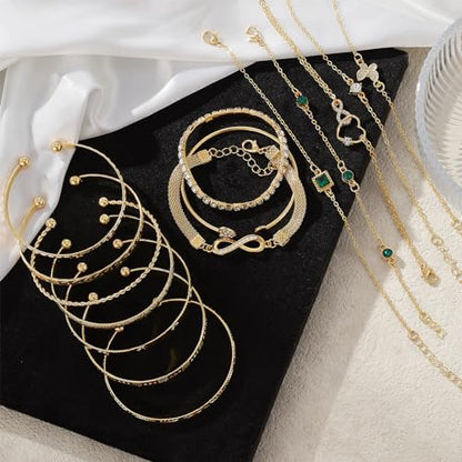 IFKM Gold Plated Jewelry Set for Women,14k Gold Plated Multi Layer Necklaces Stackable Bangle Bracelets Stackable Knuckle Rings Hoop Earrings Set Anniversary Trendy Elegance Charms Anniversary Birthday Jewelry Gift - color: Gold stackable