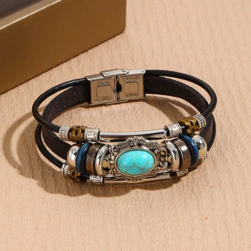 Leather Wrap Bracelets for Women Boho Multi-Layer Turquoise Bracelet Beads Stackable Bangle - color: B-Style