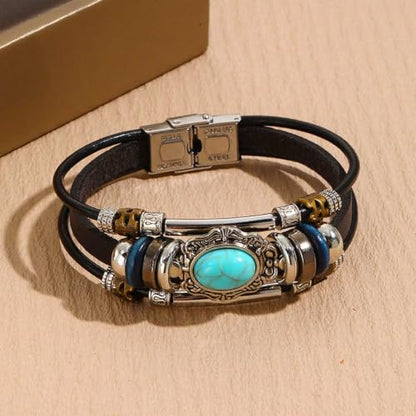 Leather Wrap Bracelets for Women Boho Multi-Layer Turquoise Bracelet Beads Stackable Bangle - color: B-Style