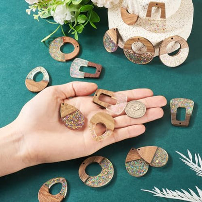 Beadthoven 16Pcs/8 Pairs Resin Wood Earrings Pendants, Colorful Glittery Clear Wooden Charms Pieces Boho Earrings Making Kit for Jewelry Making DIY Craft Women Mix Shapes - color: Clear Glittery Mix