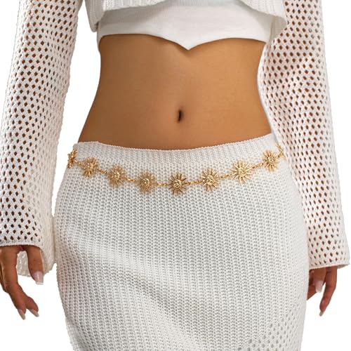 Metal Sunflower Waist Chain Belt Bikini Sun Waist Chains Jewelry Summer Beach Waist Belly Chain Adjustable Body Link Belt for Women - color: Gold