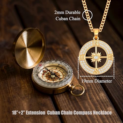 18k Gold Plated Chain Link Necklace for Women, Baroque Pearl/Compass Pendant Necklace - color: Compass