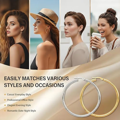 4 Pairs Silver Gold Hoop Earrings for Women,30/40/50/60 mm Stainless Steel 14K Silver Gold Plated Loop Earrings for Women Hypoallergenic Fashionable Lightweight Big Women Earrings Loop Earrings Set - color: Silver-30/40/50/60mm