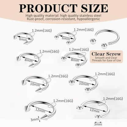 Telooco 8 Pcs 16G Septum Rings Surgical Steel Horseshoe Nose Ring Hoop Eyebrow Lip Navel Piercing Ring Earrings Septum Piercing Jewelry for Women Men 6/8/10/12mm (Black) - color: Silver