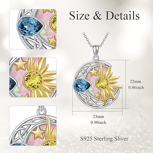 AOBOCO 925 Sterling Silver Moon Sun Star Necklace Celtic Jewelry for Women Girls - color: Silver&Gold&Pink Opal