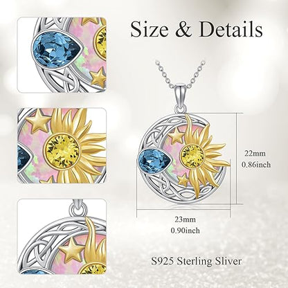 AOBOCO 925 Sterling Silver Moon Sun Star Necklace Celtic Jewelry for Women Girls - color: Silver&Gold&Pink Opal