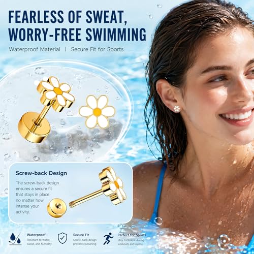 Hypoallergenic Daisy Studs Earrings for Women,18K Gold Plated Surgical Stainless Steel Flat Back Flower Earrings for Sensitive Ears,20G Post Screw Back Cartilage Helix Piercing Jewelry - color: Gold