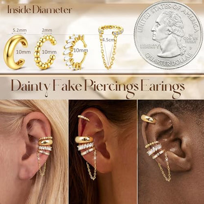 Florideco 4Pcs Ear Cuffs Non-Piercing for Women Dainty 14K Gold Plated Clip On Cartilage Earrings Hypoallergenic Huggie Hoop Cuffs Fake Earings for Non Pierced Ears - color: Chunky-14K Gold Plated