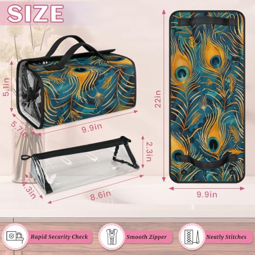 Bohemian Peacock Feather Hanging Roll Up Cosmetic Bag with 4 Removable Storage Bags Waterproof Foldable Toiletry Kit for Women - color: Multicolor 11