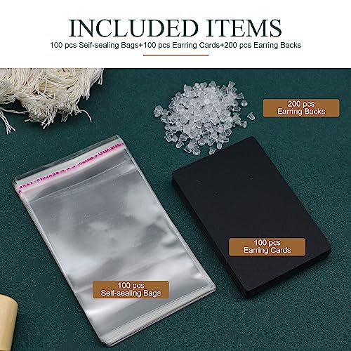 Earring Cards, Set Jewelry Making Supplies with 100 Pcs Earring Holder Cards 200 Pcs Earring Backs and 100 Jewelry Packaging for Earrings Necklace Jewelry Display, Jewelry Bags 3.5x2.4 Inches (Black) - color: ZK100-Black