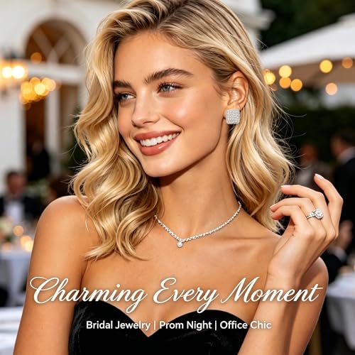 18K Gold Plated Chunky Square & Round Cubic Zirconia Stud Earrings for Women, Hypoallergenic 925 Silver Post Simulated Diamond Wedding Prom Party Bridesmaid Daily Fine Jewelry Gift for Mom Wife Friend - color: EA355-Square-Silver