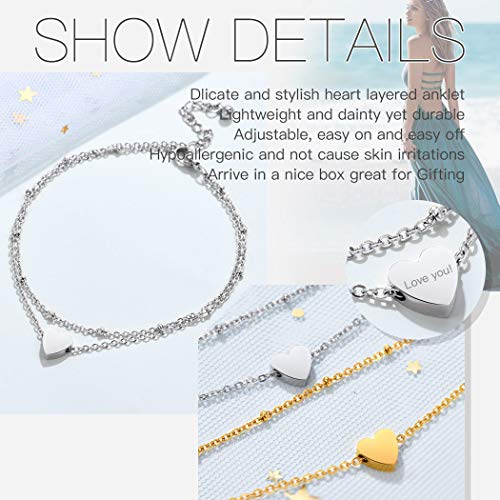 Stainless Steel Heart Ankle Bracelet for Women, Dainty Adjustable Double Layered Chain Anklets