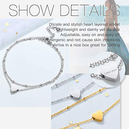 Stainless Steel Heart Ankle Bracelet for Women, Dainty Adjustable Double Layered Chain Anklets