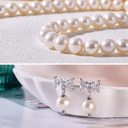 Freshwater Cultured Pearl Necklace Set Includes Cute Bow Pearl Earrings Jewelry for Women - size: 8 to 9mm