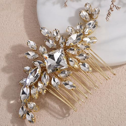 Square Rhinestone Hair Comb Silver Gold Rhinestone Wedding Headpiece Handmade Crystal Bridal Hair Comb Bridal Hairpiece for Brides Bridesmaid (gold) - color: gold