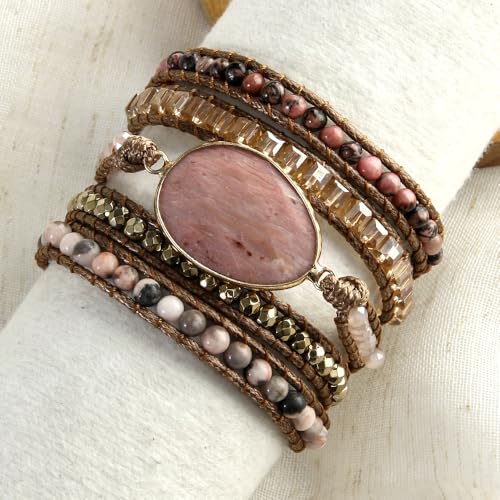 Women Wrap Bracelet Boho Natural Jasper Crystal Stone Beads Strand Bracelets - color: Style 06-Rhodonite